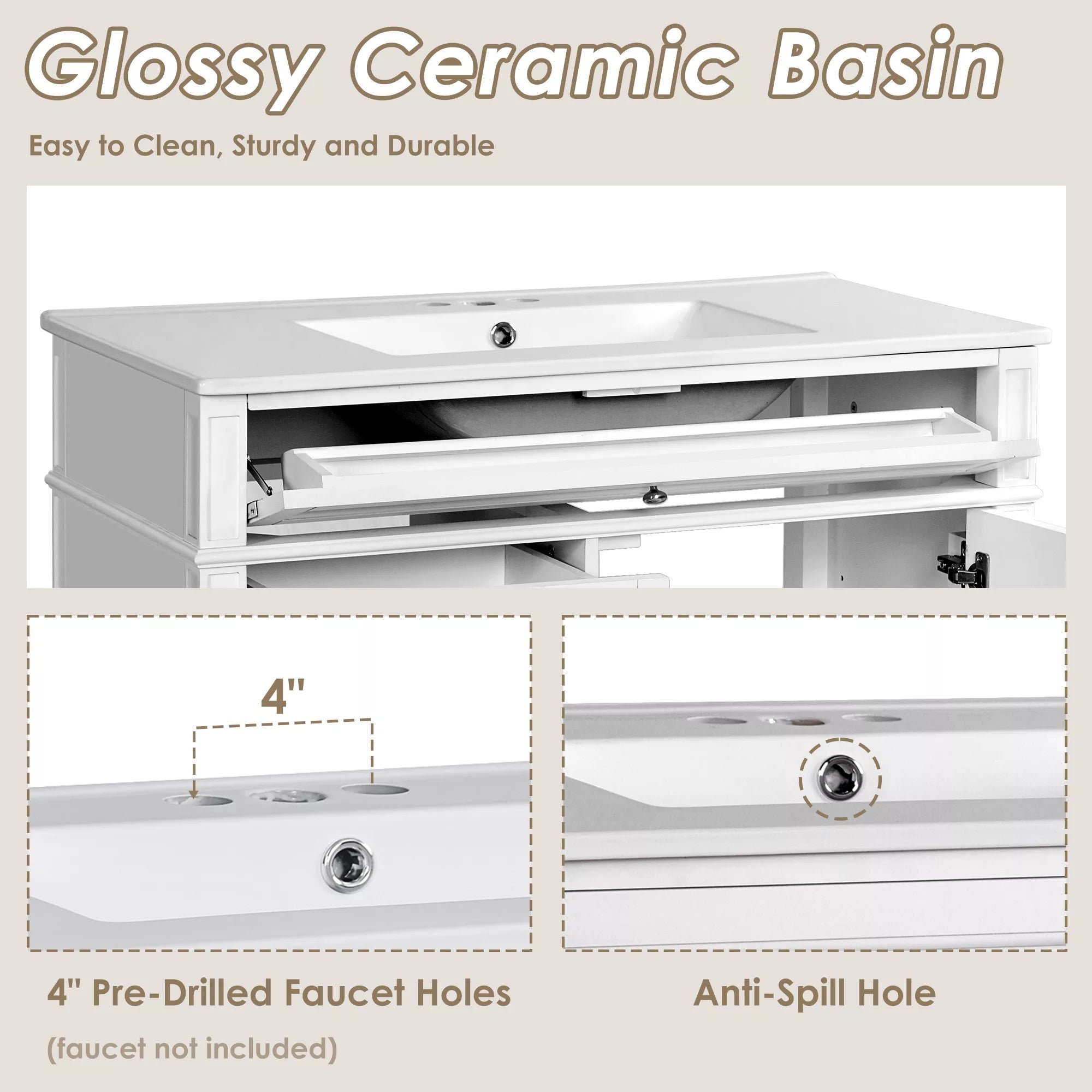 Bellemave® 36 Inch Bathroom Vanity with Sink, Modern Single Sink Bathroom Vanity Cabinet with Storage Drawers and Tip-Out Drawer - Bellemave