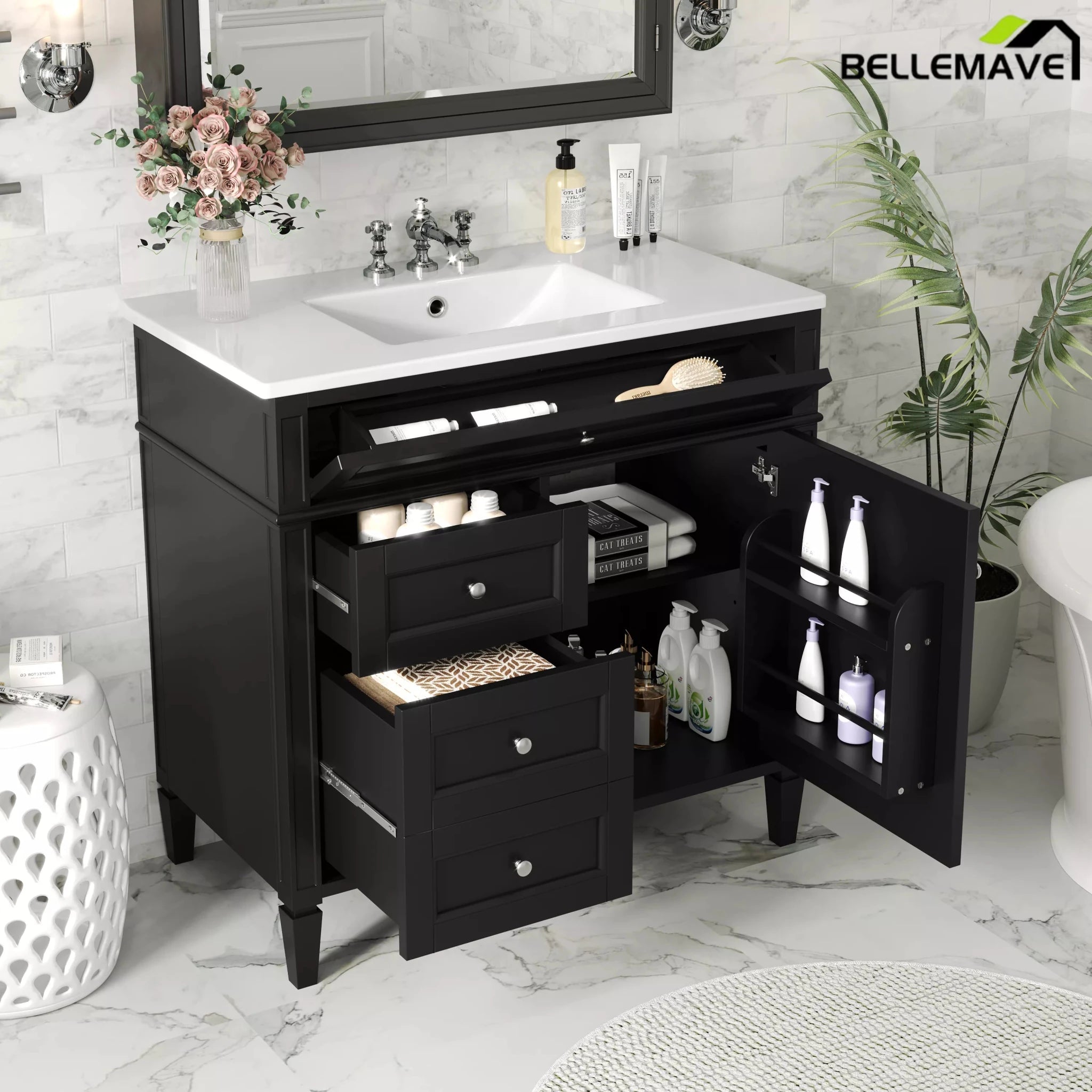 Bellemave® 36 Inch Bathroom Vanity with Sink, Modern Single Sink Bathroom Vanity Cabinet with Storage Drawers and Tip-Out Drawer - Bellemave