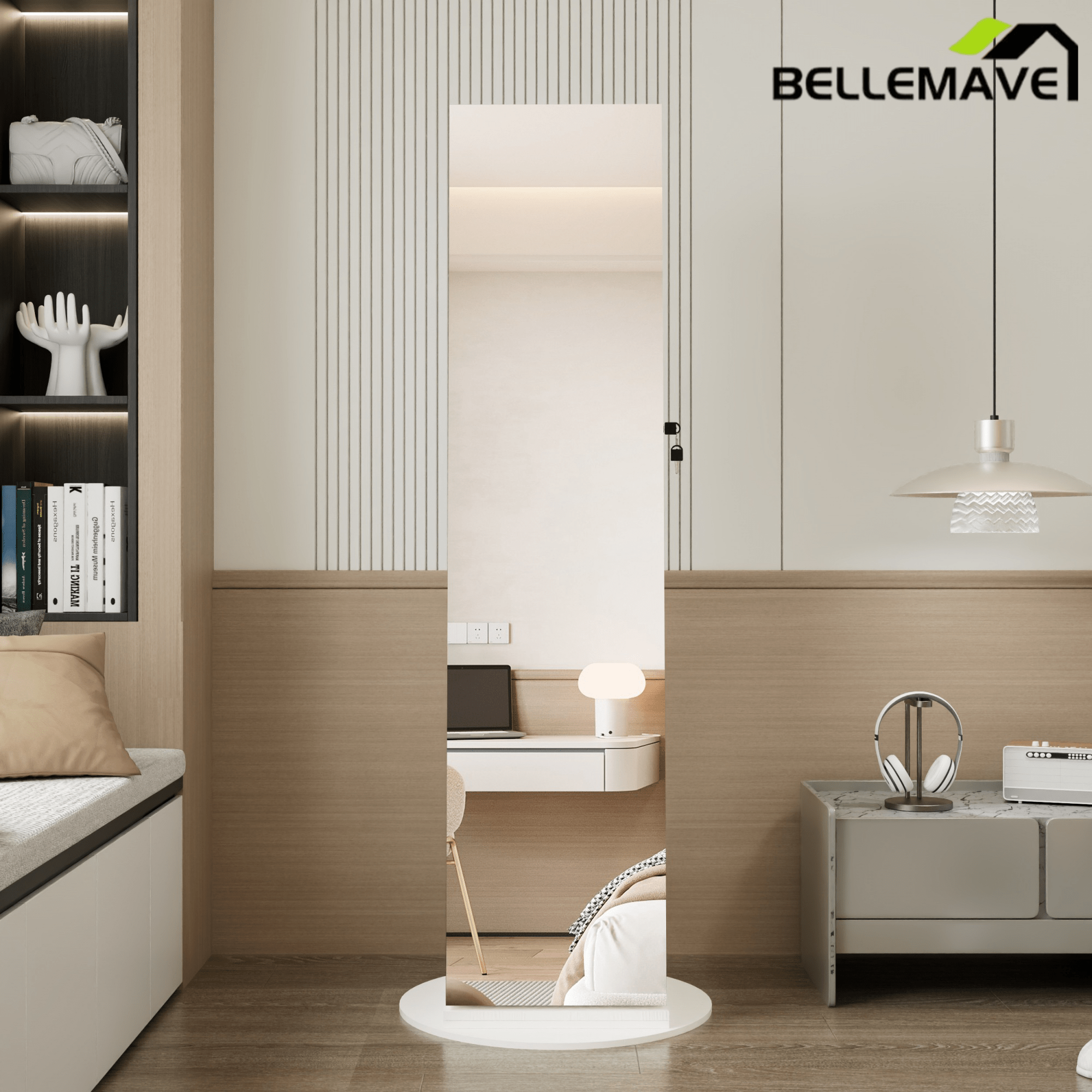 Bellemave® 360°Swivel Jewelry Cabinet with Full Length Mirror, 360°Rotating Standing Jewelry Armoire Organizer, Lockable Storage Cabinet, Interior Lighted Mirror, Black - Bellemave