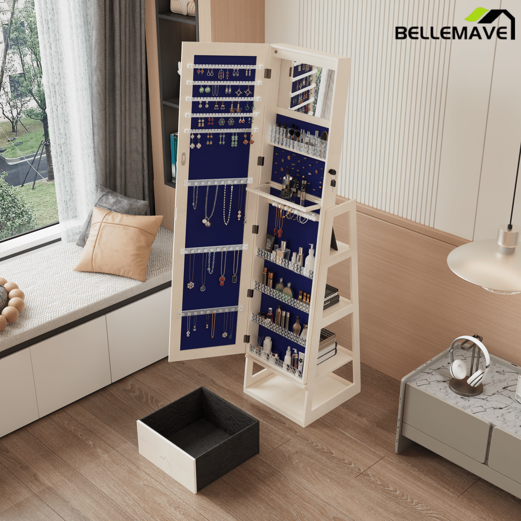 Bellemave® 360°Swivel Jewelry Cabinet with Full Length Mirror, 360°Rotating Standing Jewelry Armoire Organizer, Lockable Storage Cabinet, Interior Lighted Mirror, Black - Bellemave