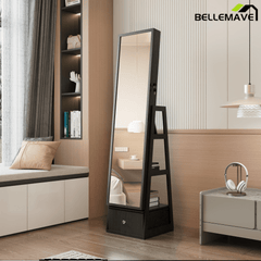 Bellemave® 360°Swivel Jewelry Cabinet with Full Length Mirror, 360°Rotating Standing Jewelry Armoire Organizer, Lockable Storage Cabinet, Interior Lighted Mirror, Black - Bellemave