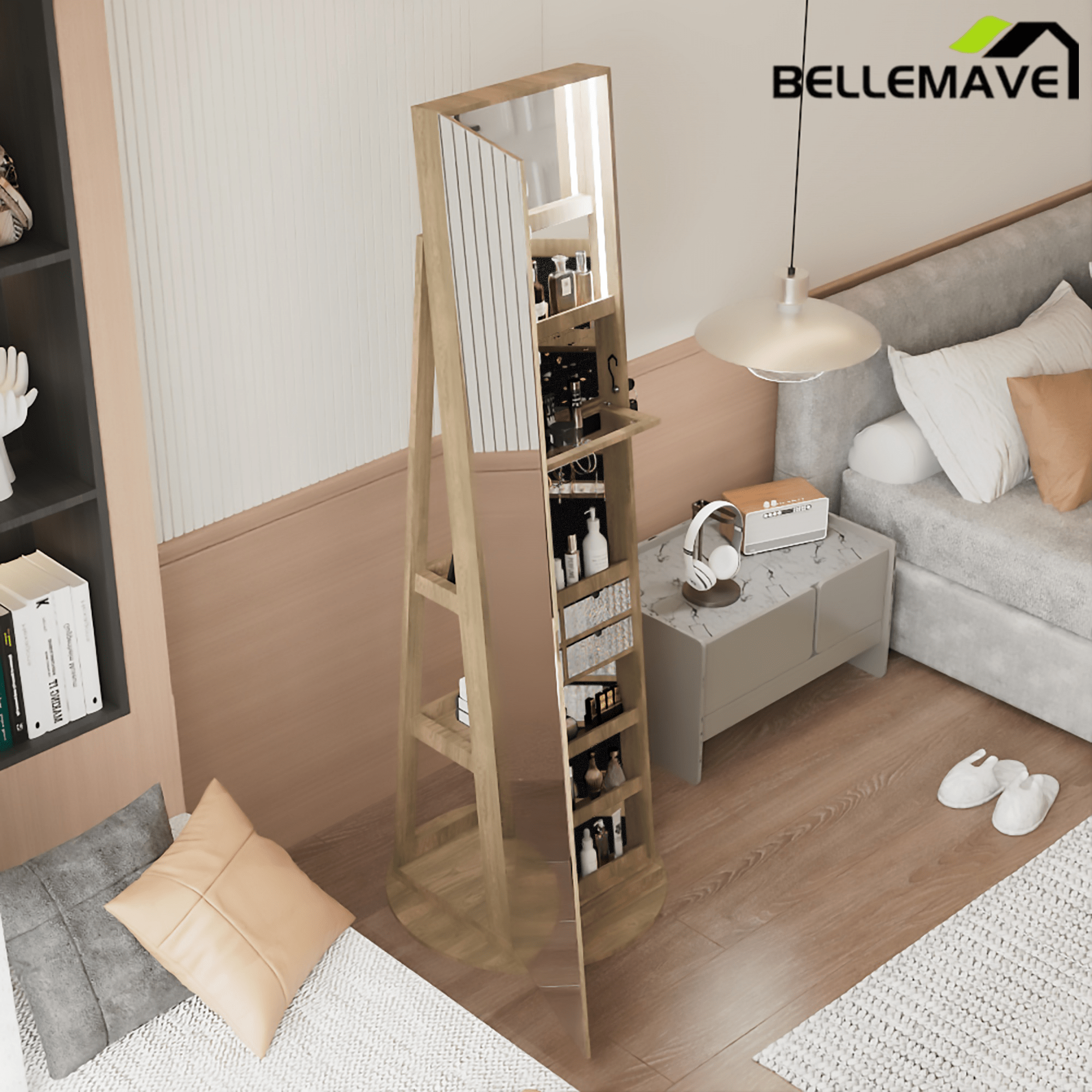 Bellemave® 360°Swivel Jewelry Cabinet with Full Length Mirror, 360°Rotating Standing Jewelry Armoire Organizer, Lockable Storage Cabinet, Interior Lighted Mirror, Black - Bellemave