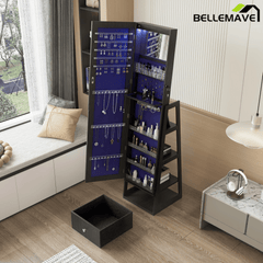 Bellemave® 360°Swivel Jewelry Cabinet with Full Length Mirror, 360°Rotating Standing Jewelry Armoire Organizer, Lockable Storage Cabinet, Interior Lighted Mirror, Black - Bellemave