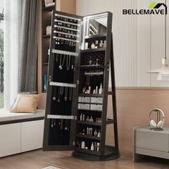 Bellemave® 360°Swivel Jewelry Cabinet with Full Length Mirror, 360°Rotating Standing Jewelry Armoire Organizer, Lockable Storage Cabinet, Interior Lighted Mirror, Black - Bellemave