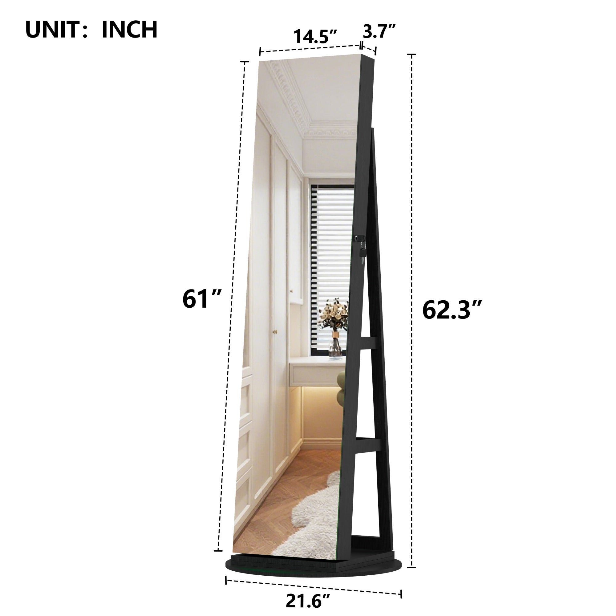 Bellemave® 360°Swivel Jewelry Cabinet with Full Length Mirror, 360°Rotating Standing Jewelry Armoire Organizer, Lockable Storage Cabinet, Interior Lighted Mirror, Black - Bellemave