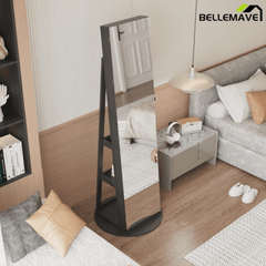Bellemave® 360°Swivel Jewelry Cabinet with Full Length Mirror, 360°Rotating Standing Jewelry Armoire Organizer, Lockable Storage Cabinet, Interior Lighted Mirror, Black - Bellemave