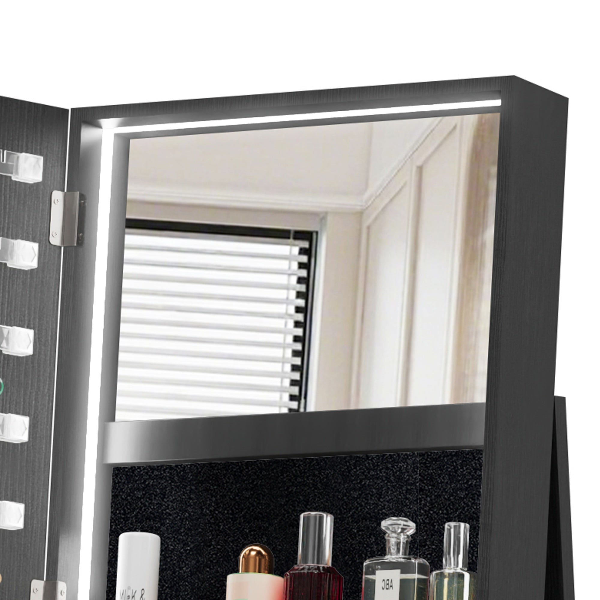 Bellemave® 360°Swivel Jewelry Cabinet with Full Length Mirror, 360°Rotating Standing Jewelry Armoire Organizer, Lockable Storage Cabinet, Interior Lighted Mirror, Black - Bellemave