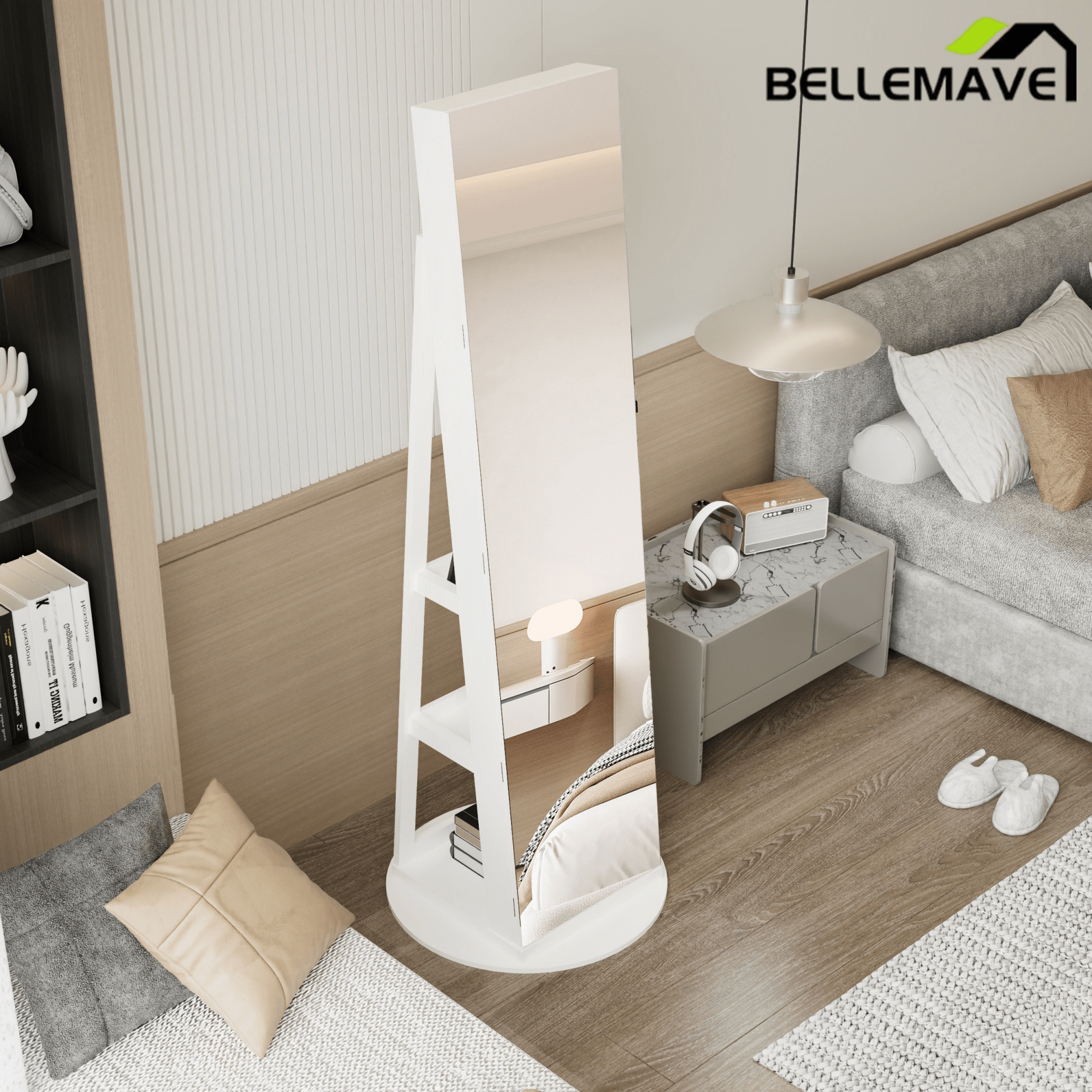 Bellemave® 360°Swivel Jewelry Cabinet with Full Length Mirror, 360°Rotating Standing Jewelry Armoire Organizer, Lockable Storage Cabinet, Interior Lighted Mirror, Black - Bellemave