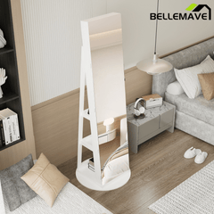 Bellemave® 360°Swivel Jewelry Cabinet with Full Length Mirror, 360°Rotating Standing Jewelry Armoire Organizer, Lockable Storage Cabinet, Interior Lighted Mirror, Black - Bellemave