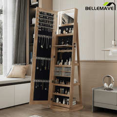 Bellemave® 360°Swivel Jewelry Cabinet with Full Length Mirror, 360°Rotating Standing Jewelry Armoire Organizer, Lockable Storage Cabinet, Interior Lighted Mirror, Black - Bellemave