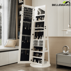 Bellemave® 360°Swivel Jewelry Cabinet with Full Length Mirror, 360°Rotating Standing Jewelry Armoire Organizer, Lockable Storage Cabinet, Interior Lighted Mirror, Black - Bellemave