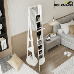 Bellemave® 360°Swivel Jewelry Cabinet with Full Length Mirror, 360°Rotating Standing Jewelry Armoire Organizer, Lockable Storage Cabinet, Interior Lighted Mirror, Black - Bellemave