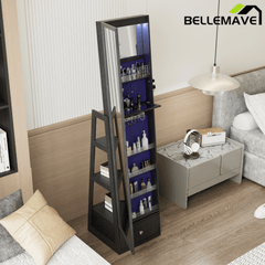 Bellemave® 360°Swivel Jewelry Cabinet with Full Length Mirror, 360°Rotating Standing Jewelry Armoire Organizer, Lockable Storage Cabinet, Interior Lighted Mirror, Black - Bellemave