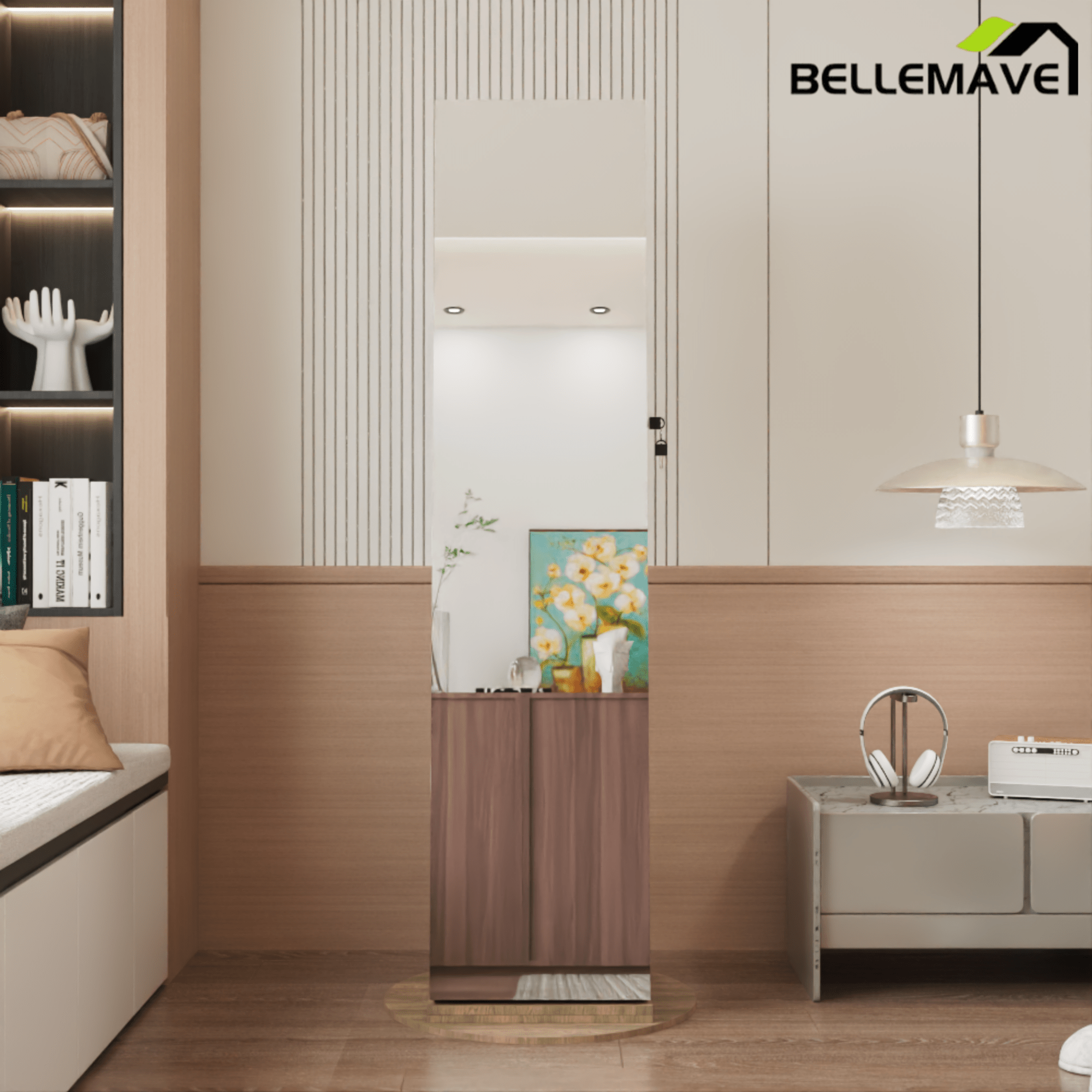 Bellemave® 360°Swivel Jewelry Cabinet with Full Length Mirror, 360°Rotating Standing Jewelry Armoire Organizer, Lockable Storage Cabinet, Interior Lighted Mirror, Black - Bellemave