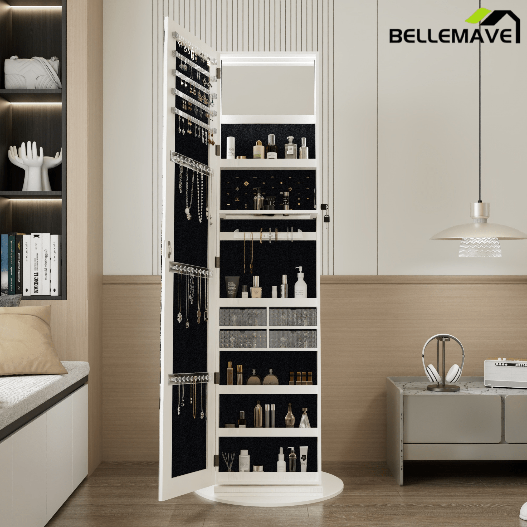 Bellemave® 360°Swivel Jewelry Cabinet with Full Length Mirror, 360°Rotating Standing Jewelry Armoire Organizer, Lockable Storage Cabinet, Interior Lighted Mirror, Black - Bellemave