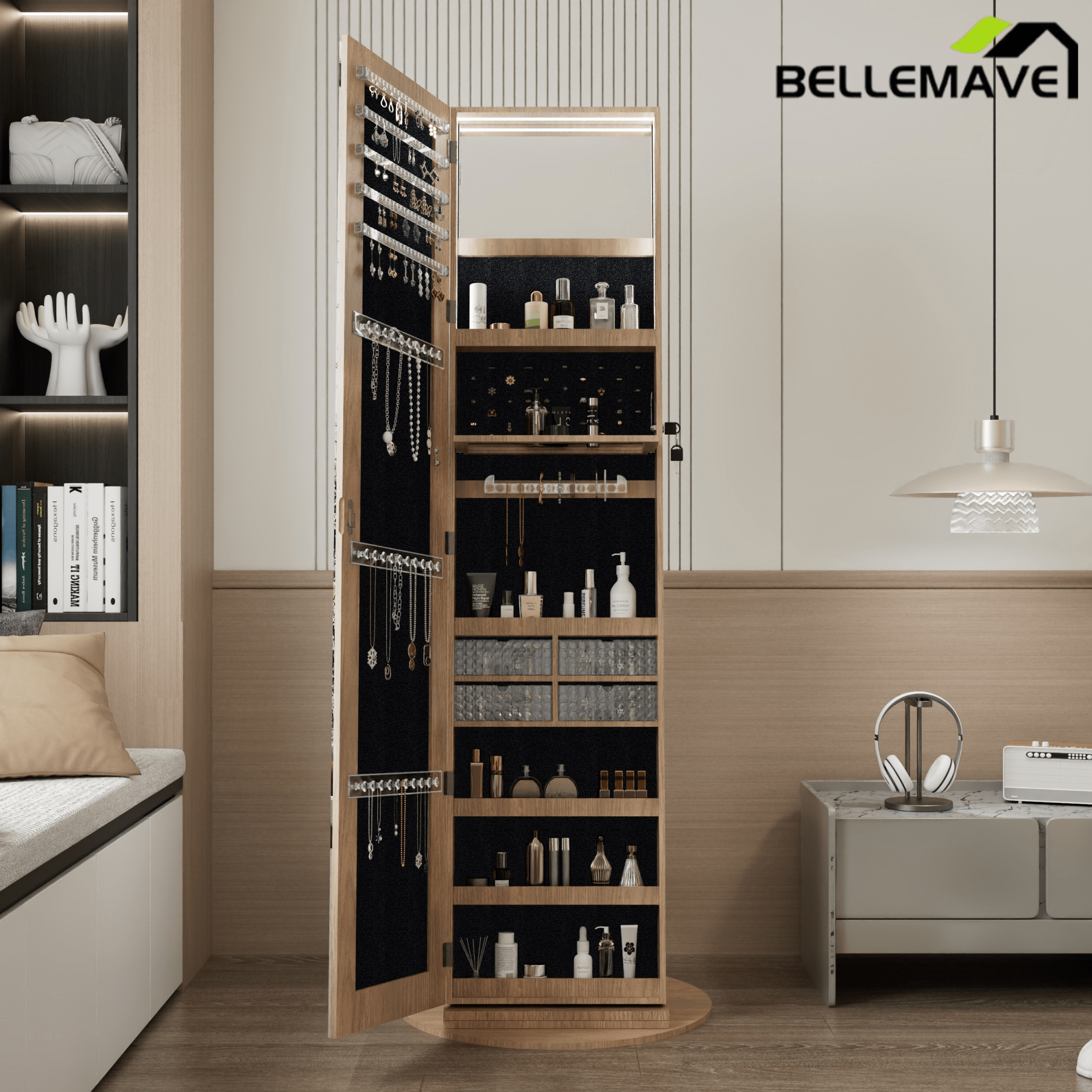 Bellemave® 360°Swivel Jewelry Cabinet with Full Length Mirror, 360°Rotating Standing Jewelry Armoire Organizer, Lockable Storage Cabinet, Interior Lighted Mirror, Black - Bellemave
