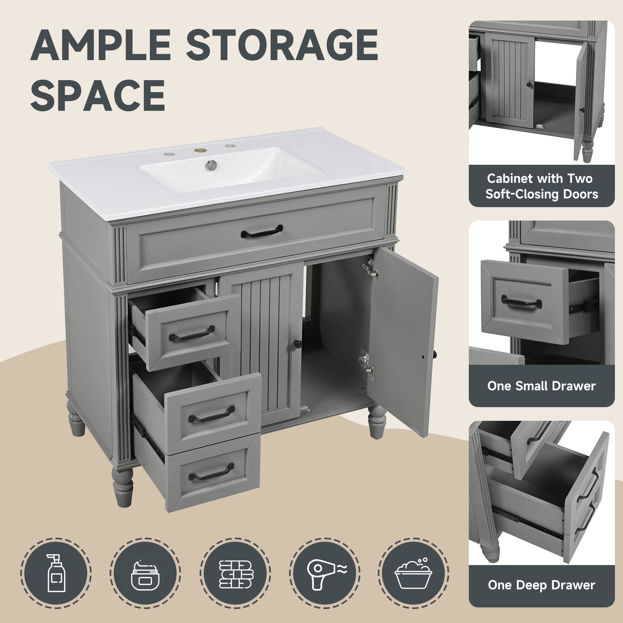 Bellemave® 36in Vintage Style Bathroom Vanity Cabinet with Sink, Storage Drawers & Cabinet, Small Single Bath Storage Vanity Sink Set - Bellemave