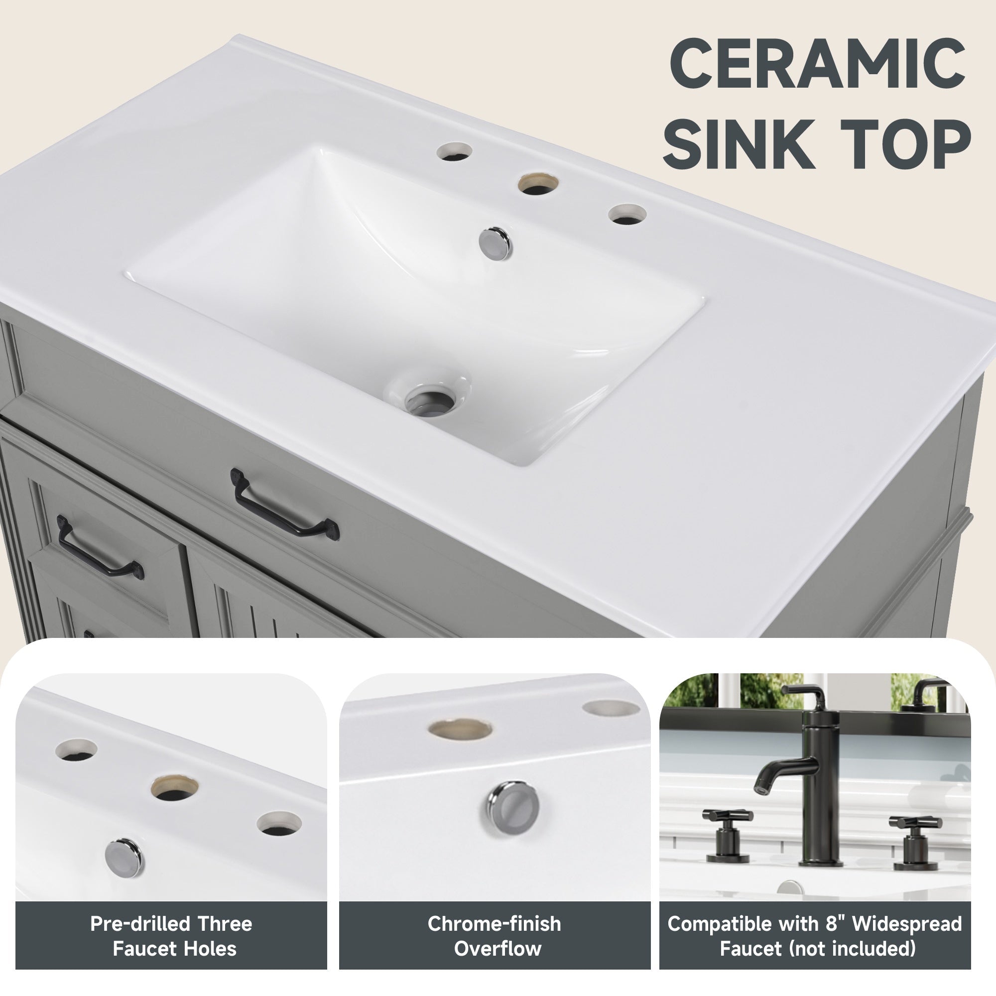 Bellemave® 36in Vintage Style Bathroom Vanity Cabinet with Sink, Storage Drawers & Cabinet, Small Single Bath Storage Vanity Sink Set - Bellemave
