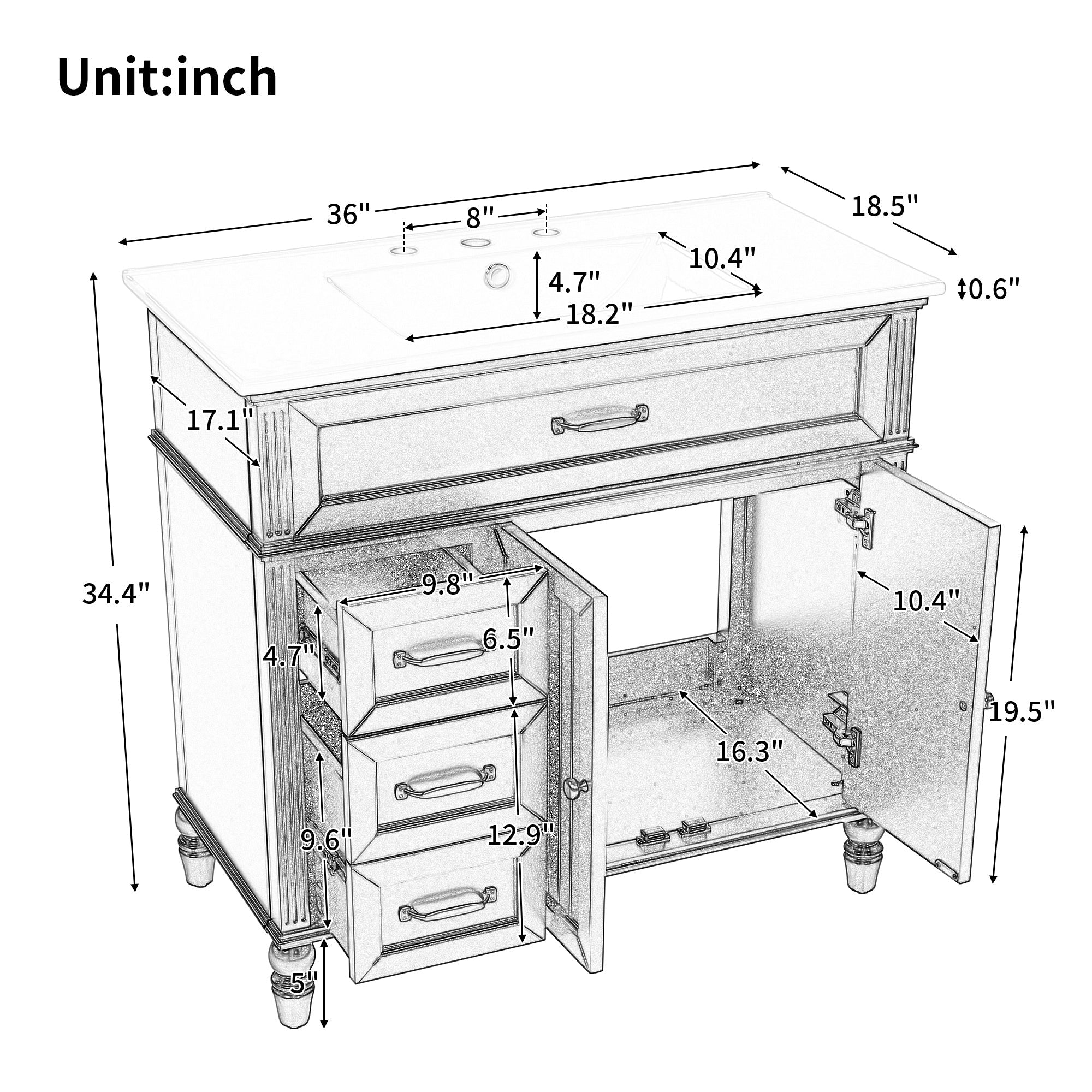 Bellemave® 36in Vintage Style Bathroom Vanity Cabinet with Sink, Storage Drawers & Cabinet, Small Single Bath Storage Vanity Sink Set - Bellemave