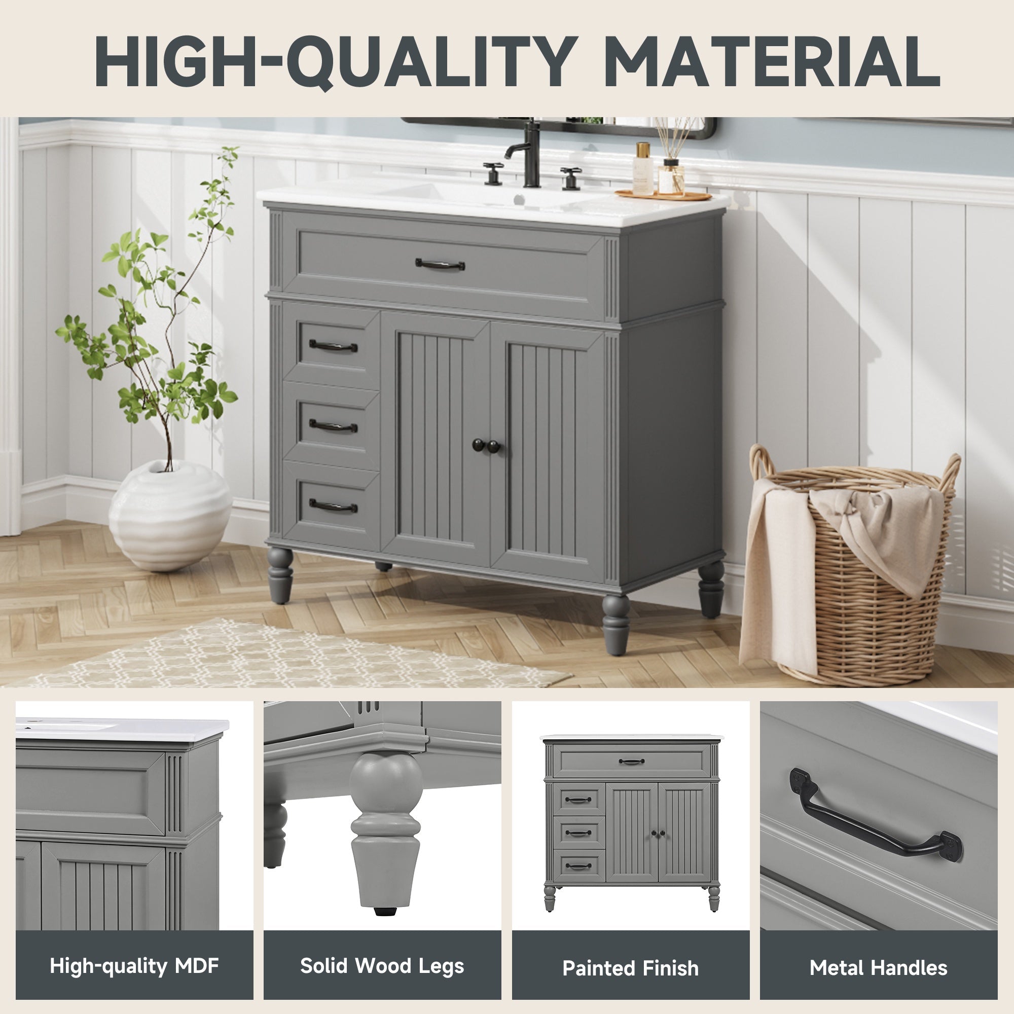 Bellemave® 36in Vintage Style Bathroom Vanity Cabinet with Sink, Storage Drawers & Cabinet, Small Single Bath Storage Vanity Sink Set - Bellemave