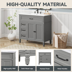 Bellemave® 36in Vintage Style Bathroom Vanity Cabinet with Sink, Storage Drawers & Cabinet, Small Single Bath Storage Vanity Sink Set - Bellemave