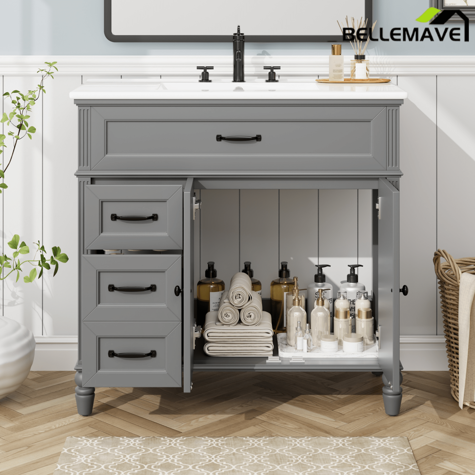 Bellemave® 36in Vintage Style Bathroom Vanity Cabinet with Sink, Storage Drawers & Cabinet, Small Single Bath Storage Vanity Sink Set - Bellemave