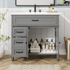 Bellemave® 36in Vintage Style Bathroom Vanity Cabinet with Sink, Storage Drawers & Cabinet, Small Single Bath Storage Vanity Sink Set - Bellemave