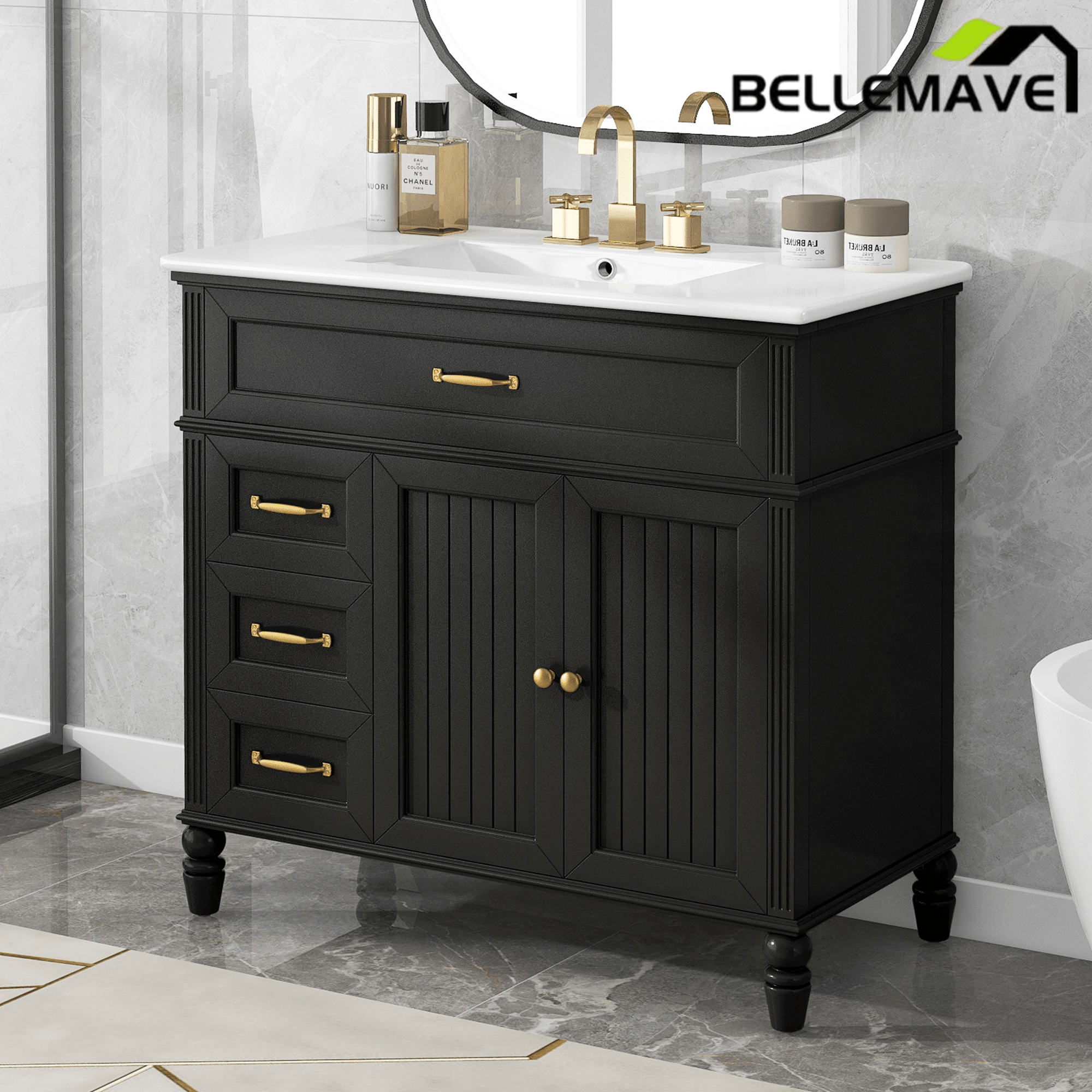 Bellemave® 36in Vintage Style Bathroom Vanity Cabinet with Sink, Storage Drawers & Cabinet, Small Single Bath Storage Vanity Sink Set - Bellemave