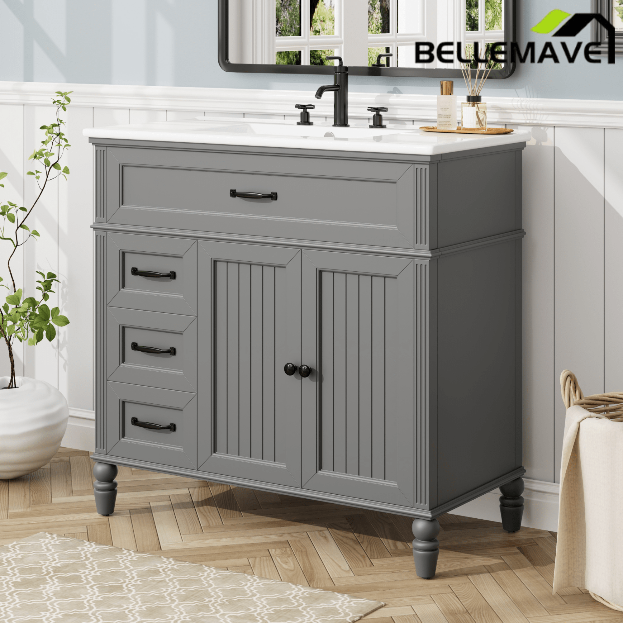 Bellemave® 36in Vintage Style Bathroom Vanity Cabinet with Sink, Storage Drawers & Cabinet, Small Single Bath Storage Vanity Sink Set - Bellemave