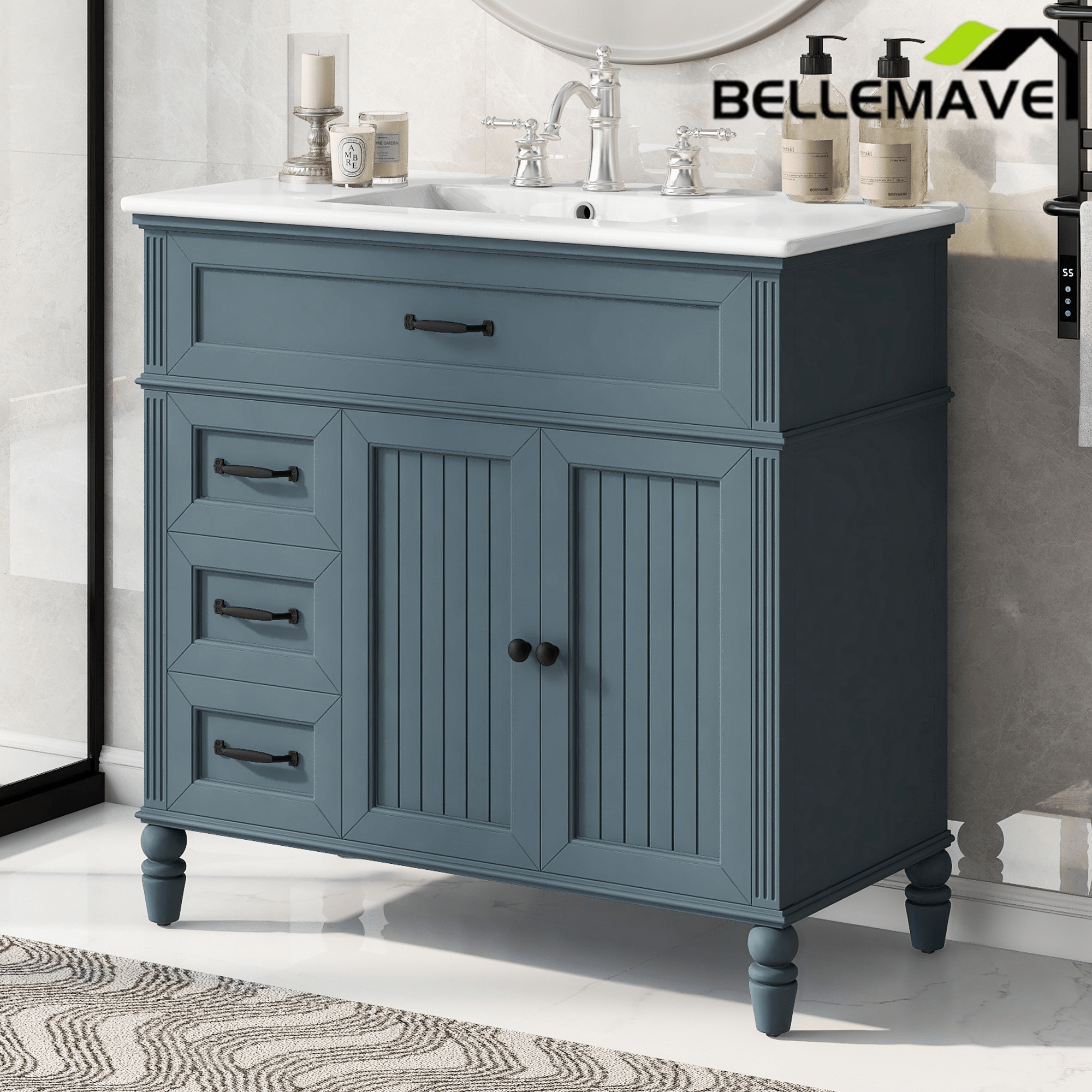 Bellemave® 36in Vintage Style Bathroom Vanity Cabinet with Sink, Storage Drawers & Cabinet, Small Single Bath Storage Vanity Sink Set - Bellemave