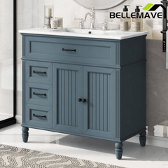 Bellemave® 36in Vintage Style Bathroom Vanity Cabinet with Sink, Storage Drawers & Cabinet, Small Single Bath Storage Vanity Sink Set - Bellemave