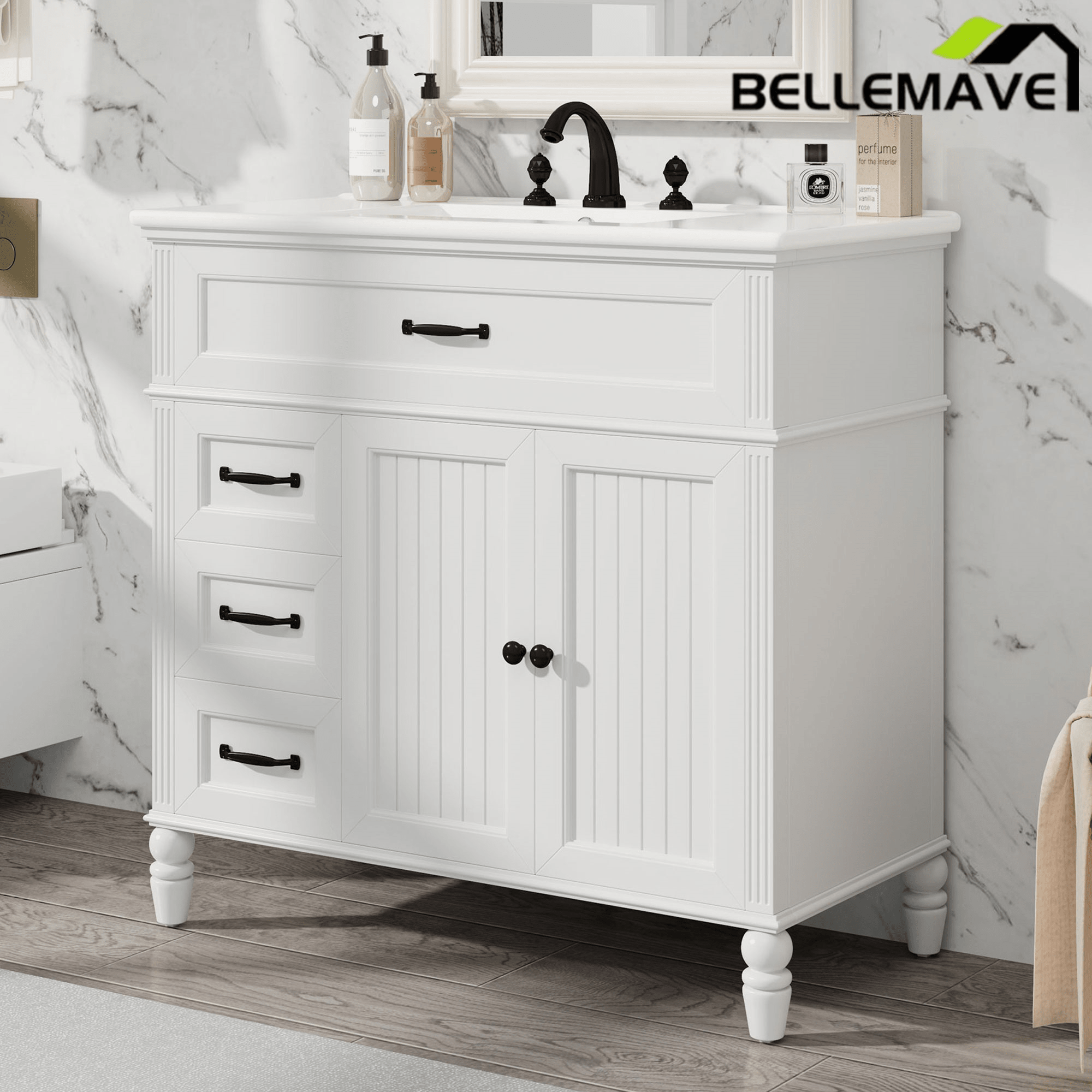 Bellemave® 36in Vintage Style Bathroom Vanity Cabinet with Sink, Storage Drawers & Cabinet, Small Single Bath Storage Vanity Sink Set - Bellemave