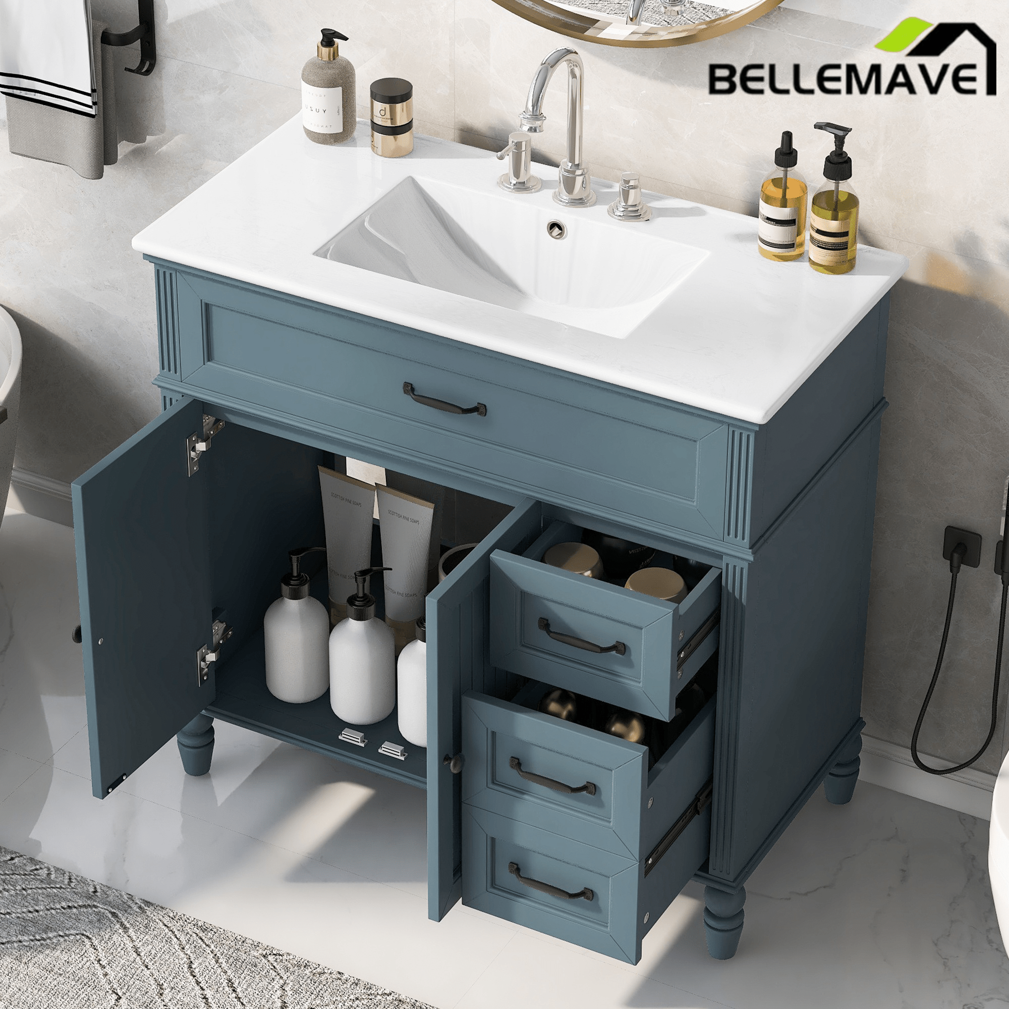Bellemave® 36in Vintage Style Bathroom Vanity Cabinet with Sink, Storage Drawers & Cabinet, Small Single Bath Storage Vanity Sink Set - Bellemave