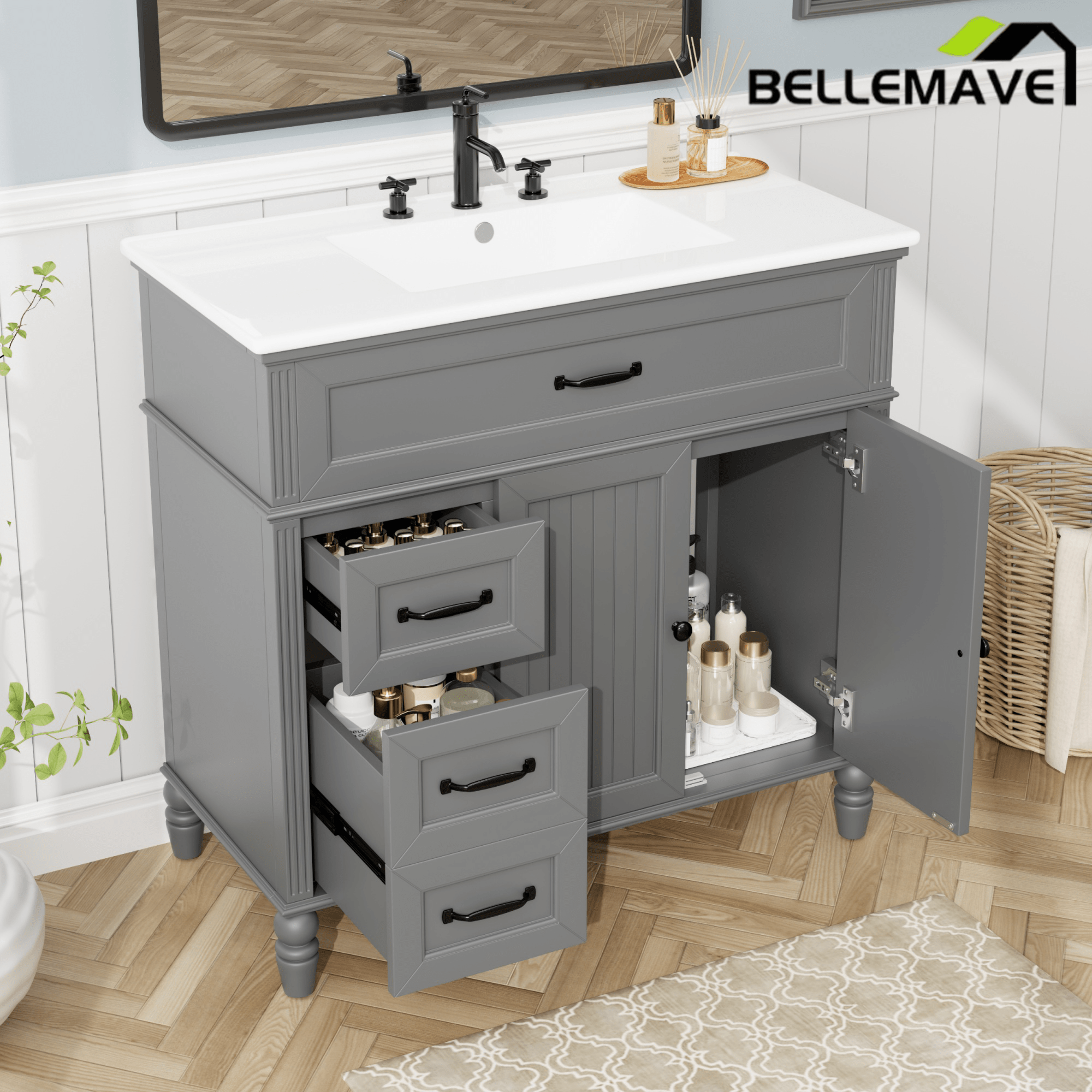 Bellemave® 36in Vintage Style Bathroom Vanity Cabinet with Sink, Storage Drawers & Cabinet, Small Single Bath Storage Vanity Sink Set - Bellemave