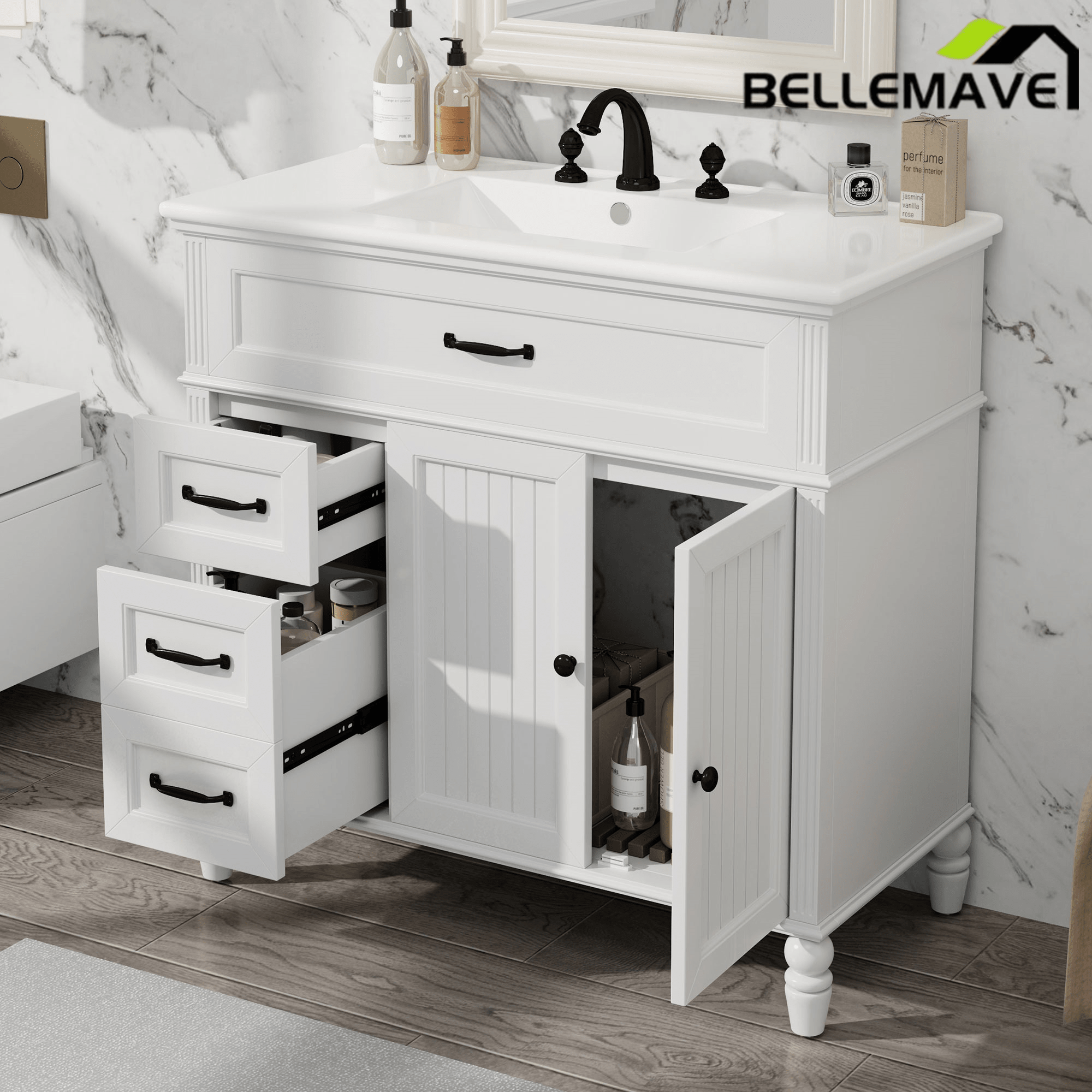 Bellemave® 36in Vintage Style Bathroom Vanity Cabinet with Sink, Storage Drawers & Cabinet, Small Single Bath Storage Vanity Sink Set - Bellemave