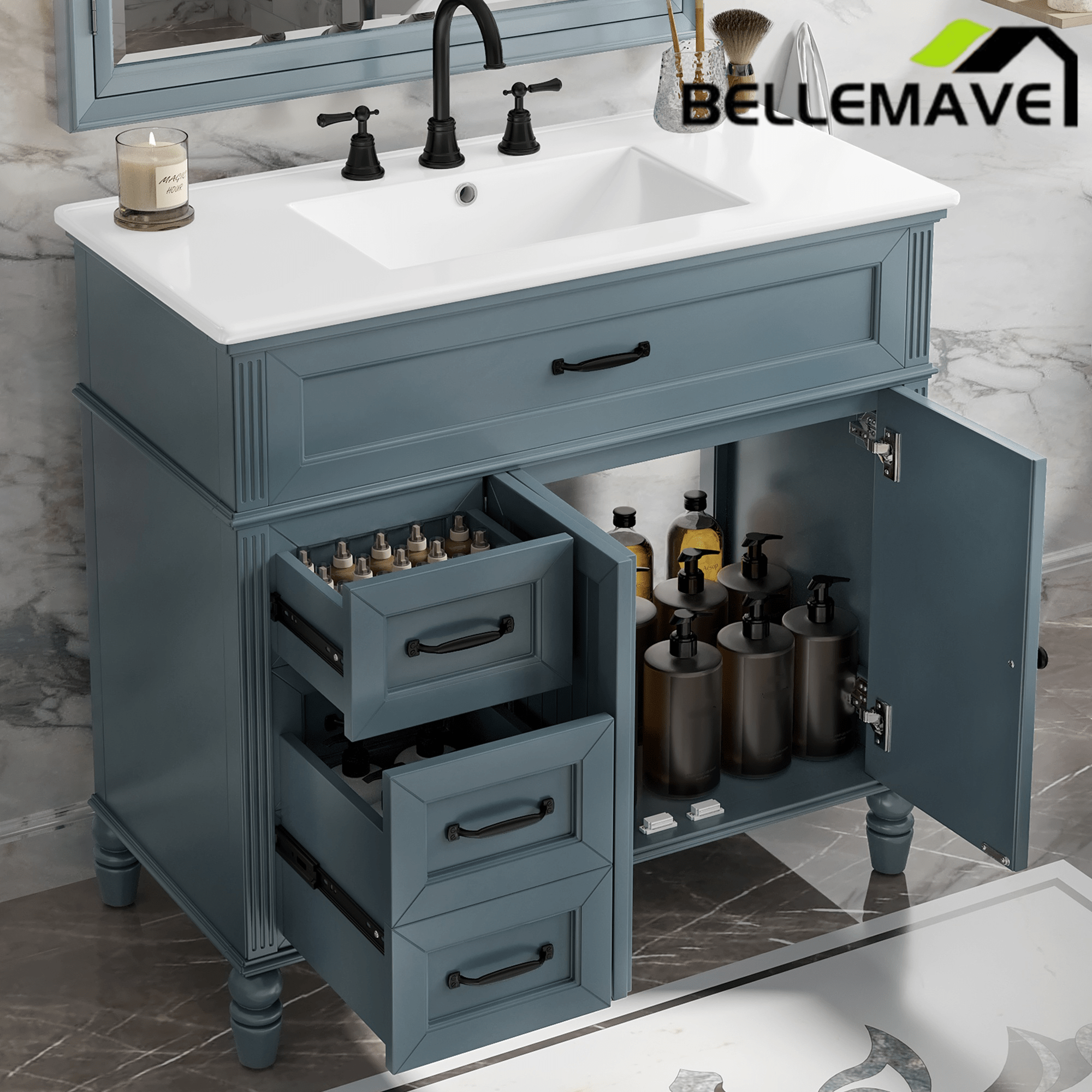 Bellemave® 36in Vintage Style Bathroom Vanity Cabinet with Sink, Storage Drawers & Cabinet, Small Single Bath Storage Vanity Sink Set - Bellemave