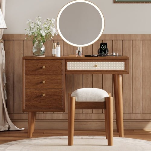 Bellemave® 39" Retro Bohemian Style Wooden Makeup Vanity Set with Charging Plug USB Port and Stool - Bellemave