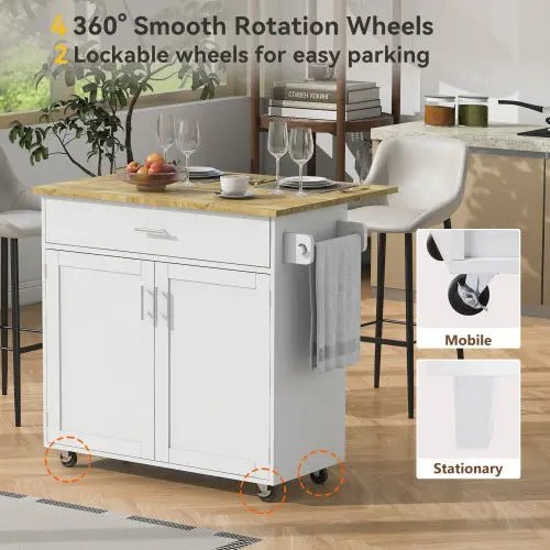 Bellemave® 39" Rolling Kitchen Island with Rubber Wood Top, Spacious Drawer with Divider and Internal Storage Rack, Adjustable Shelf Tower Rack - Bellemave