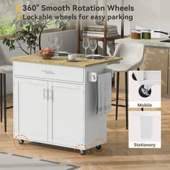 Bellemave® 39" Rolling Kitchen Island with Rubber Wood Top, Spacious Drawer with Divider and Internal Storage Rack, Adjustable Shelf Tower Rack - Bellemave