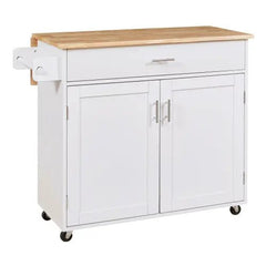 Bellemave® 39" Rolling Kitchen Island with Rubber Wood Top, Spacious Drawer with Divider and Internal Storage Rack, Adjustable Shelf Tower Rack - Bellemave