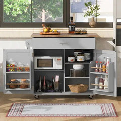 Bellemave® 39" Rolling Kitchen Island with Rubber Wood Top, Spacious Drawer with Divider and Internal Storage Rack, Adjustable Shelf Tower Rack - Bellemave