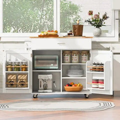 Bellemave® 39" Rolling Kitchen Island with Rubber Wood Top, Spacious Drawer with Divider and Internal Storage Rack, Adjustable Shelf Tower Rack - Bellemave