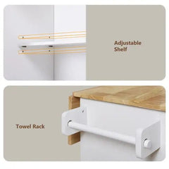 Bellemave® 39" Rolling Kitchen Island with Rubber Wood Top, Spacious Drawer with Divider and Internal Storage Rack, Adjustable Shelf Tower Rack - Bellemave