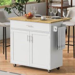 Bellemave® 39" Rolling Kitchen Island with Rubber Wood Top, Spacious Drawer with Divider and Internal Storage Rack, Adjustable Shelf Tower Rack - Bellemave