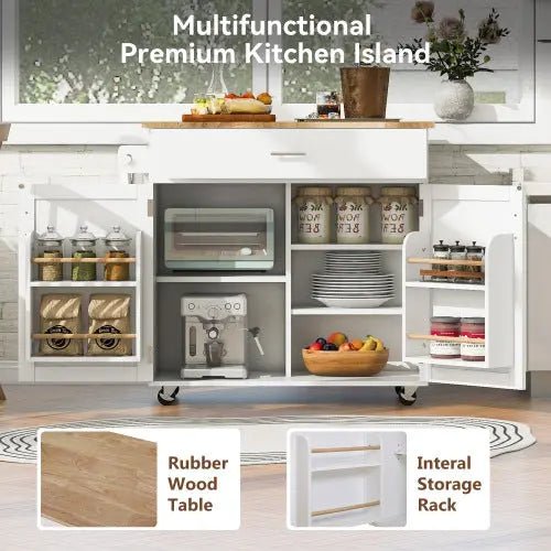 Bellemave® 39" Rolling Kitchen Island with Rubber Wood Top, Spacious Drawer with Divider and Internal Storage Rack, Adjustable Shelf Tower Rack - Bellemave