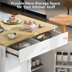 Bellemave® 39" Rolling Kitchen Island with Rubber Wood Top, Spacious Drawer with Divider and Internal Storage Rack, Adjustable Shelf Tower Rack - Bellemave