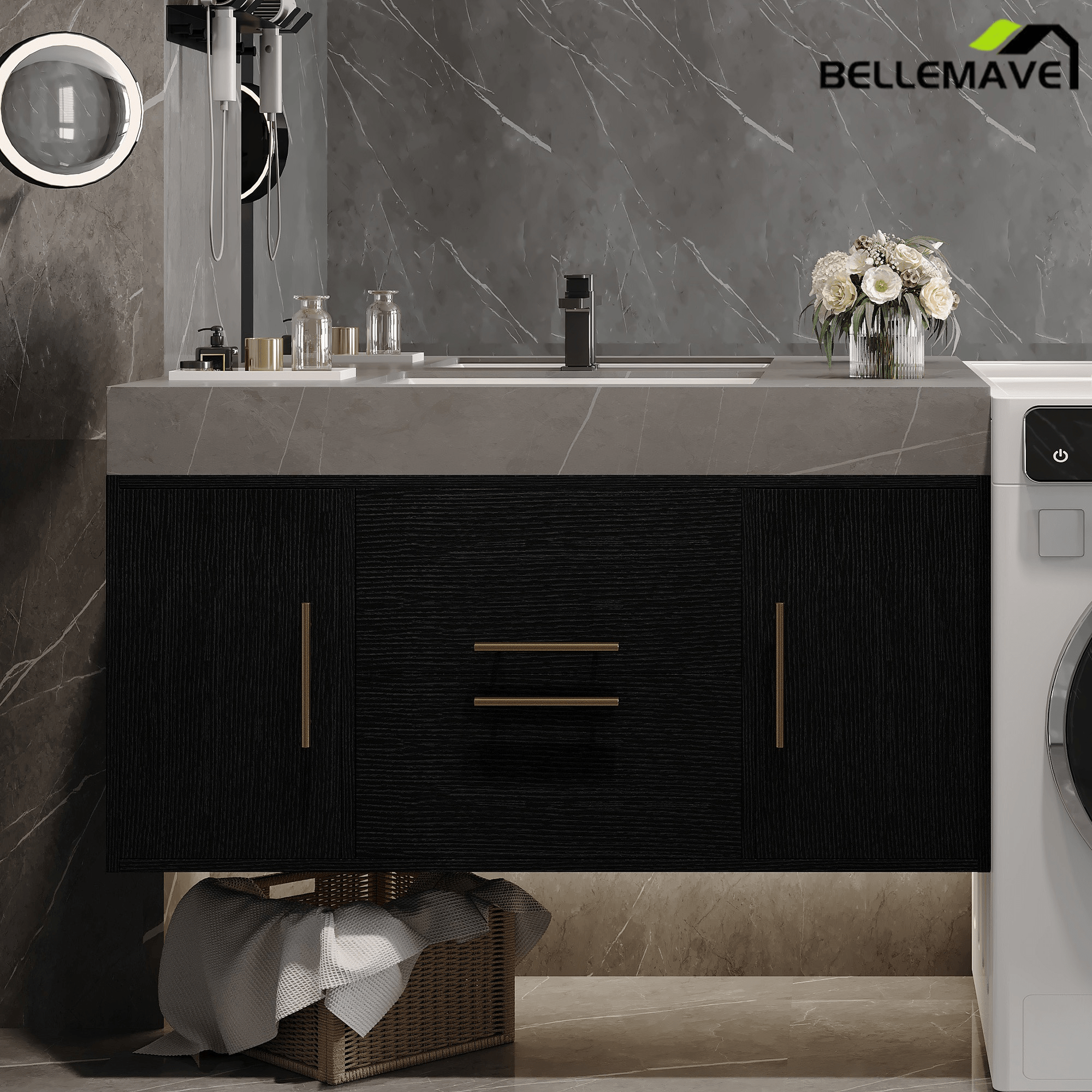Bellemave® 39.4" Floating Bathroom Vanity with Ceramic Sink - Modern Wall - Mounted Design with 2 Drawers & 2 Storage Spaces, Modern Bathroom Sink Cabinet with Metal Handles, Black - Bellemave