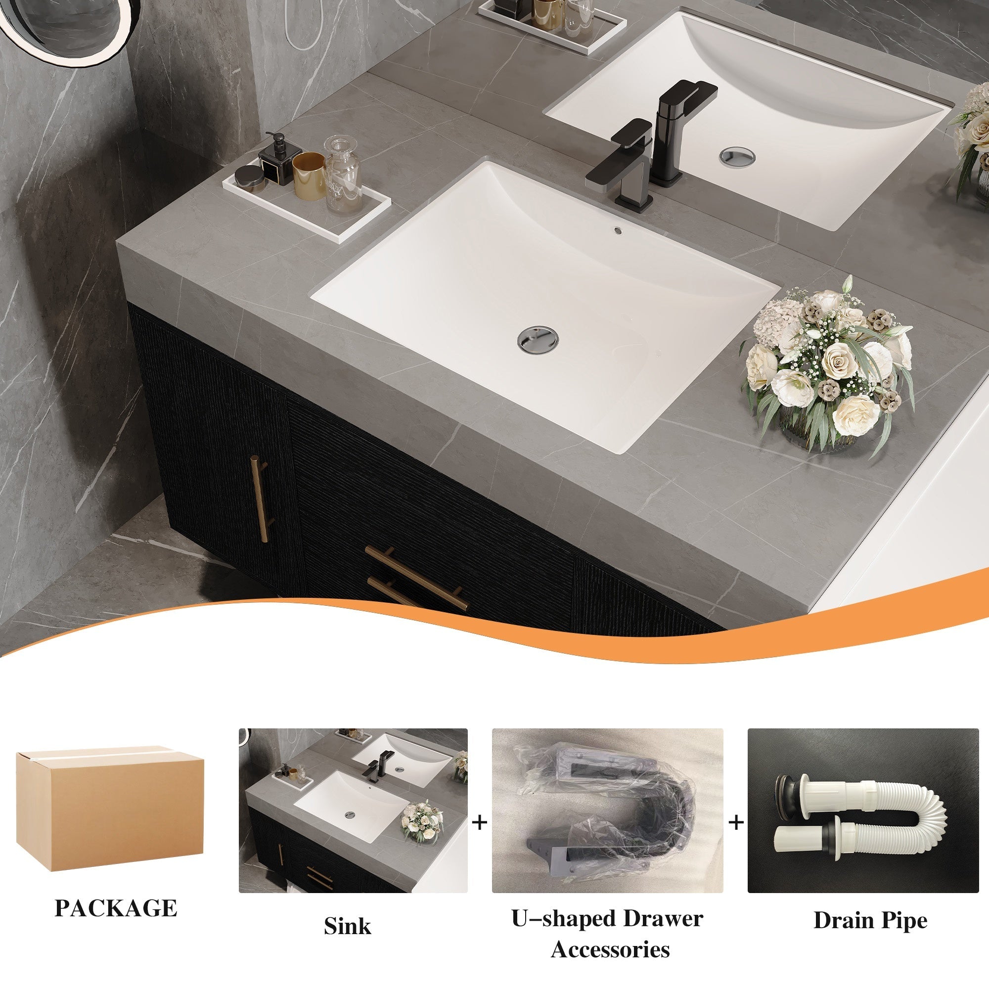 Bellemave® 39.4" Floating Bathroom Vanity with Ceramic Sink - Modern Wall - Mounted Design with 2 Drawers & 2 Storage Spaces, Modern Bathroom Sink Cabinet with Metal Handles, Black - Bellemave