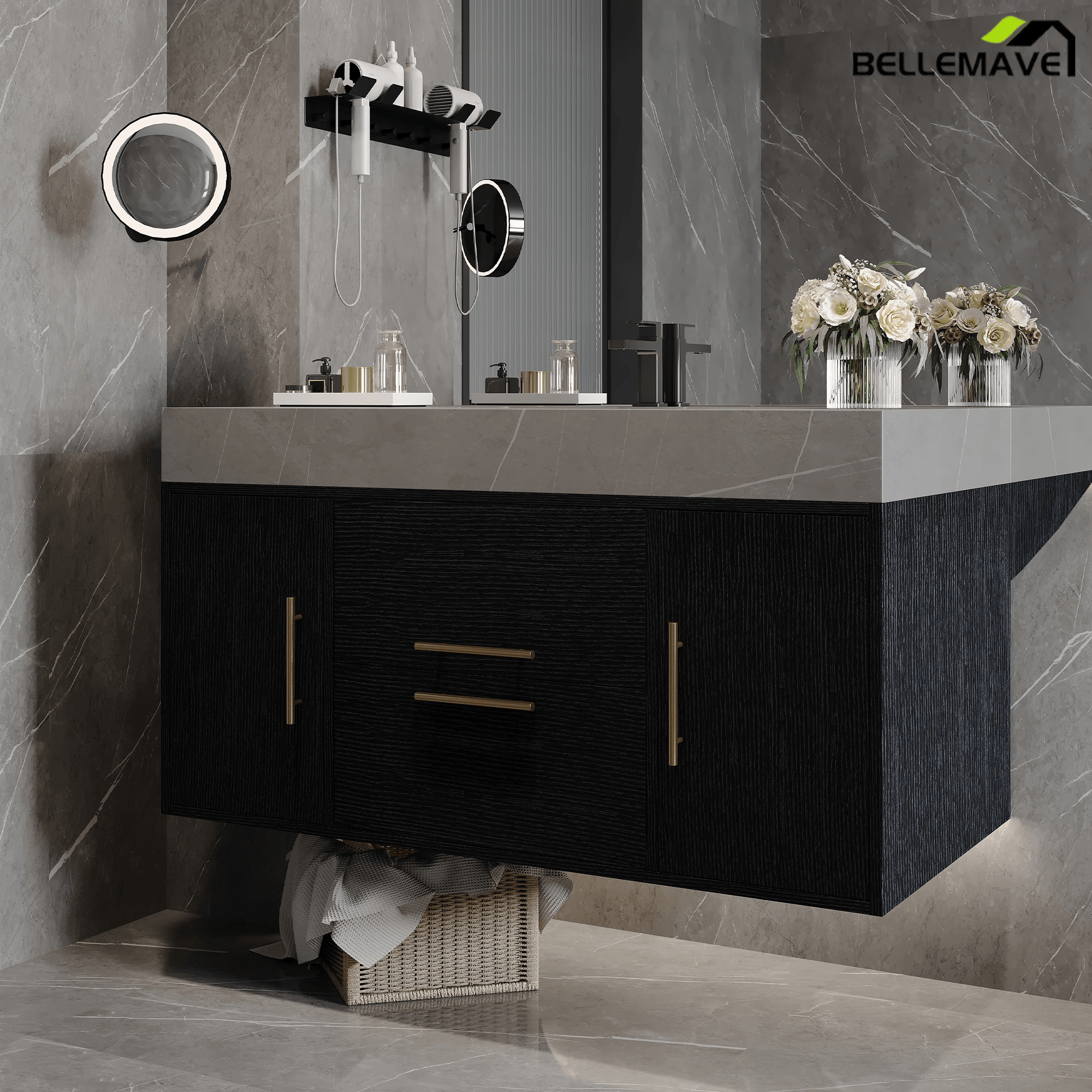 Bellemave® 39.4" Floating Bathroom Vanity with Ceramic Sink - Modern Wall - Mounted Design with 2 Drawers & 2 Storage Spaces, Modern Bathroom Sink Cabinet with Metal Handles, Black - Bellemave