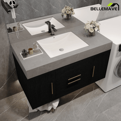 Bellemave® 39.4" Floating Bathroom Vanity with Ceramic Sink - Modern Wall - Mounted Design with 2 Drawers & 2 Storage Spaces, Modern Bathroom Sink Cabinet with Metal Handles, Black - Bellemave